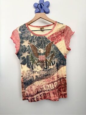 90s Y2K Small Vintage God Bless America Tee USA Flag Patriot 4th of July Eagle‎